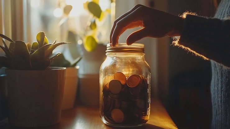 PSD hand putting coins into a glass jar near plants sunlight streams in through a window