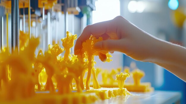 Hand removing a 3D printed yellow object from a printer