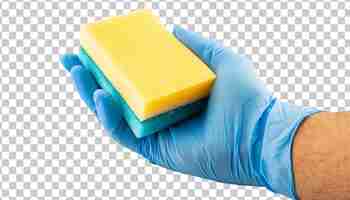 PSD hand in rubber glove holding sponge isolated on transparent background cleaning service concept