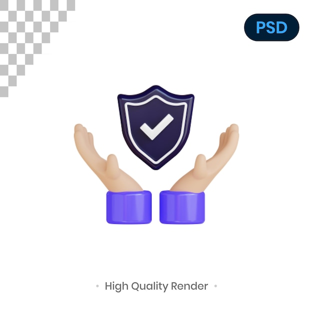 Illustrazione di rendering 3d di mano e scudo psd premium