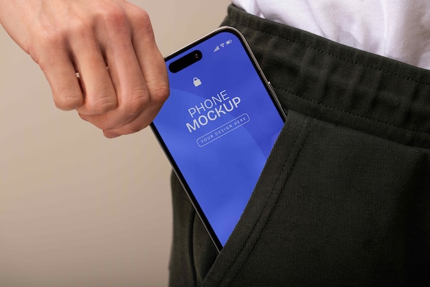 PSD hand taking phone mockup from pocket