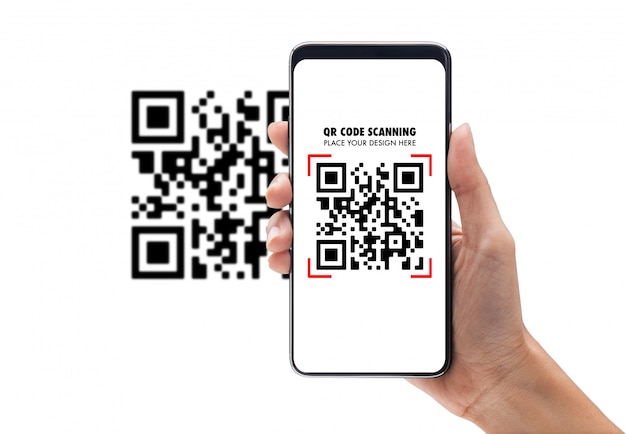 Рука с помощью мобильного смартфона сканирует qr-код шаблона макета для вашего дизайна