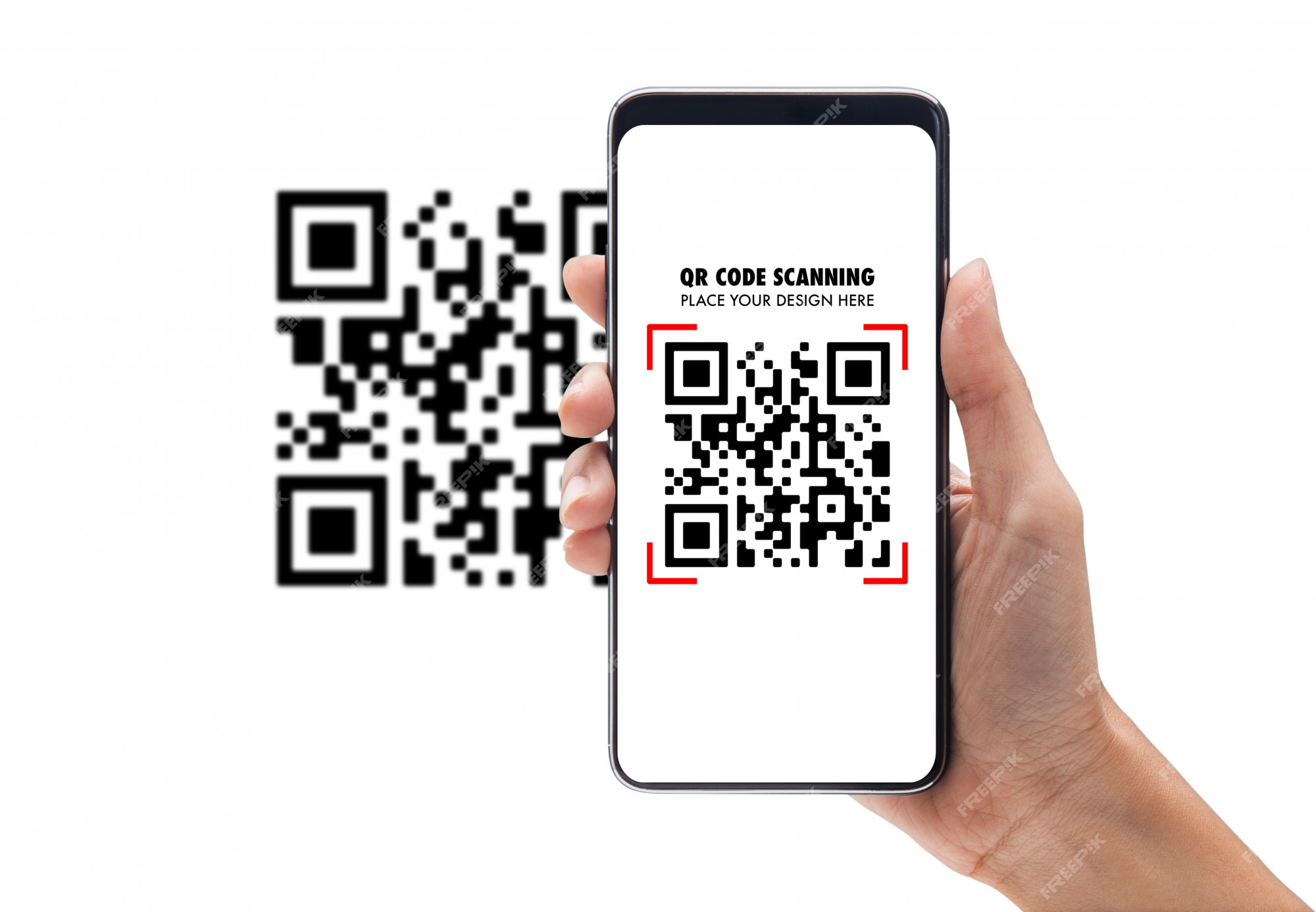 Premium Psd | Hand Using Mobile Smart Phone Scan Qr Code Mockup Template  For Your Design