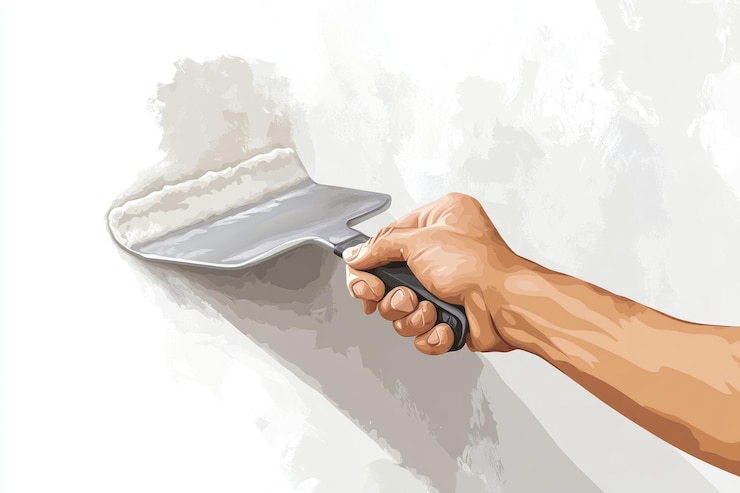 PSD hand using putty knife to apply filler on wall