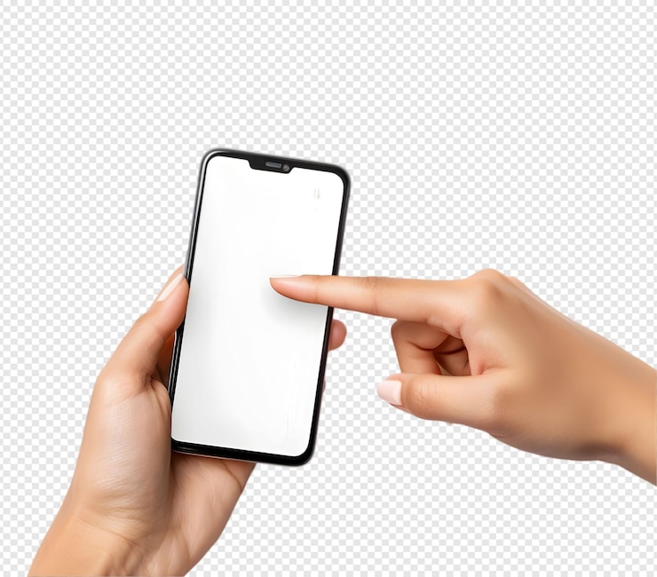 PSD hand using smartphone touchscreen interaction isolated transparent background