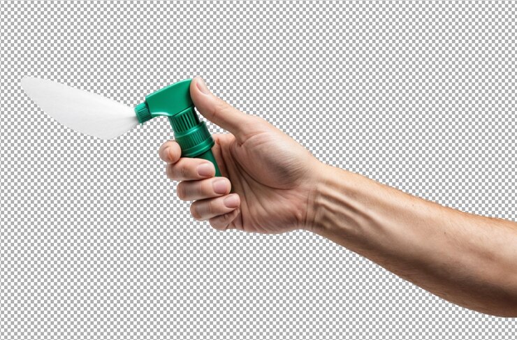 PSD hand using a spray applying sanitizer evenly
