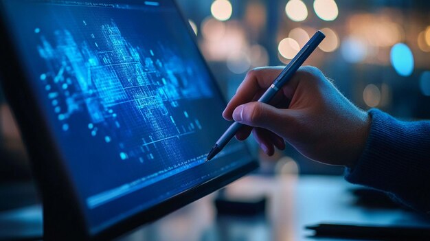 Hand using stylus on tablet displaying digital data visualization