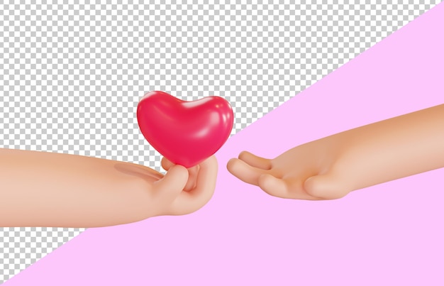 Hand van een stripfiguur geeft een hart aan een ander Een cartoonhand houdt een rood hart vast 3D render