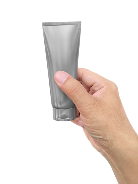 Hand vasthouden cosmetische plastic buis transparante achtergrond.