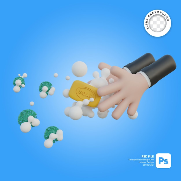 Hand washing with soap and corona virus 3d illustration