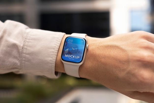 Hand wearing smartwatch mockup