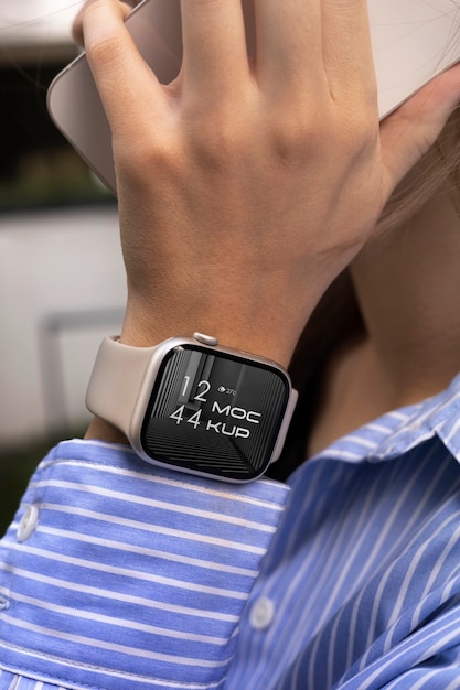 PSD hand wearing smartwatch mockup