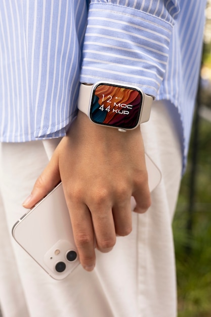 Hand wearing smartwatch mockup