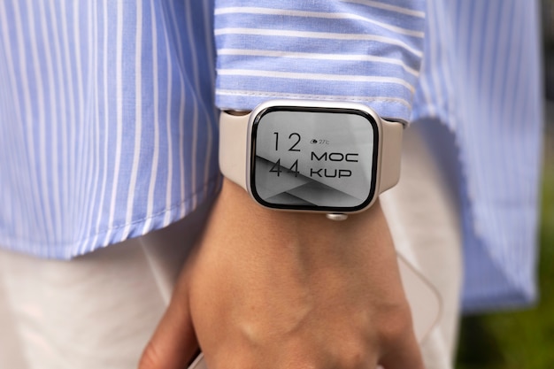 Hand wearing smartwatch mockup