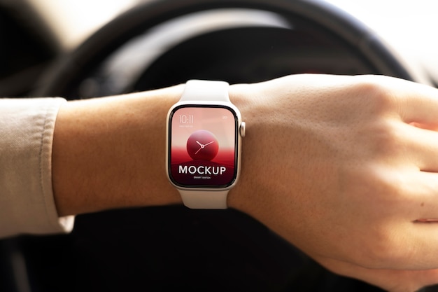 Hand wearing smartwatch mockup