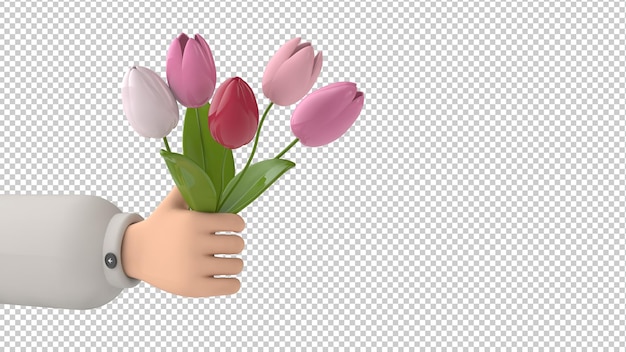 Mano con un mazzo di tulipani rosa su uno sfondo trasparente 3d'illustrazione