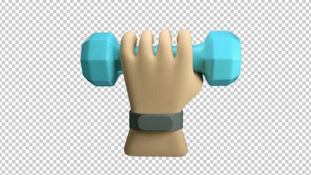 Hand with a fitness bracelet holding a dumbbell isolated in 3d rendering