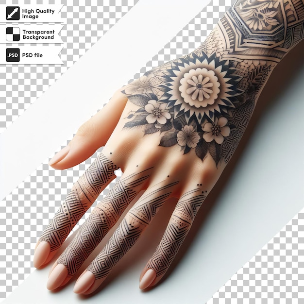 PSD a hand with a flower design on it that says  henna