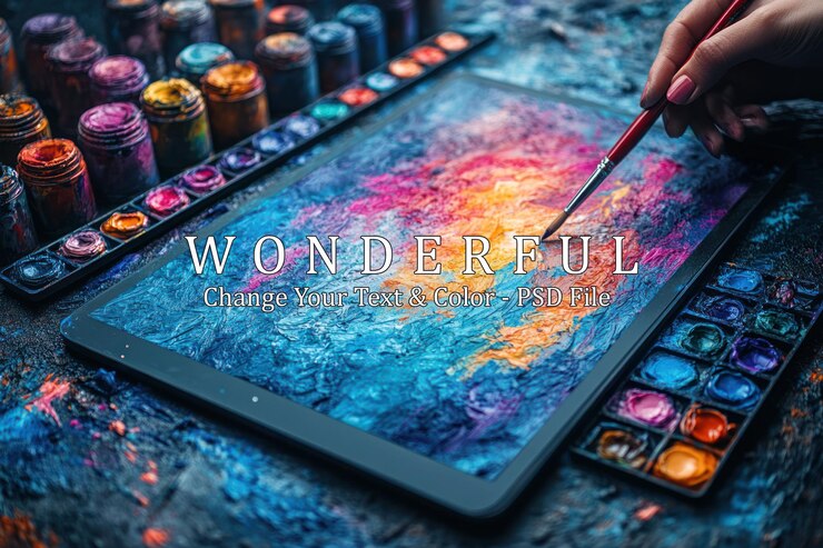 PSD a hand with a paintbrush paints on a tablet an abstract colorful digital artwork is being created
