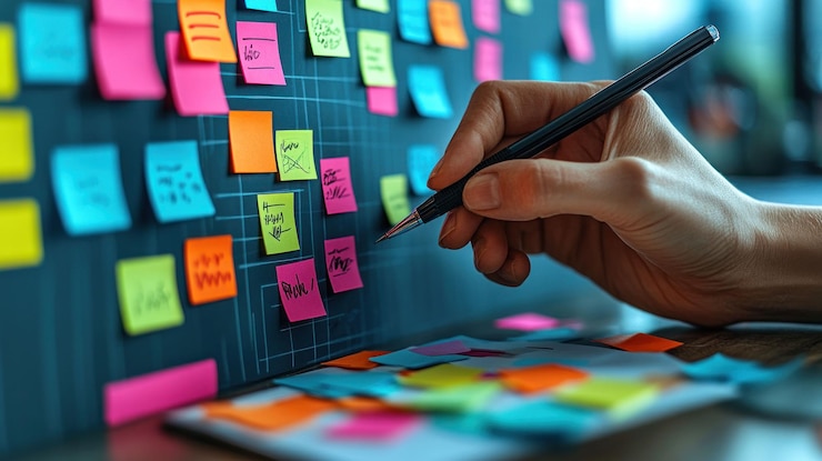 PSD a hand with a pencil adds a note to a wall covered in colorful sticky notes