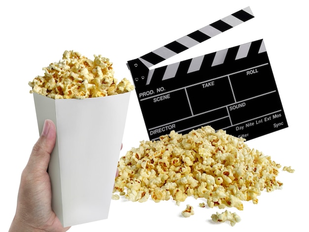 Hand with popcorn movie clapperboard transparent background