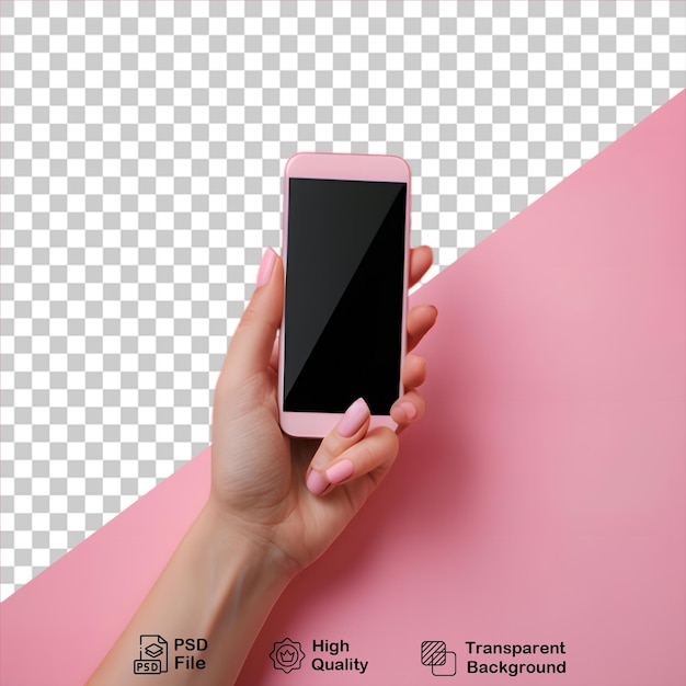 PSD hand with smartphone mobile mockup isolated on transparent background