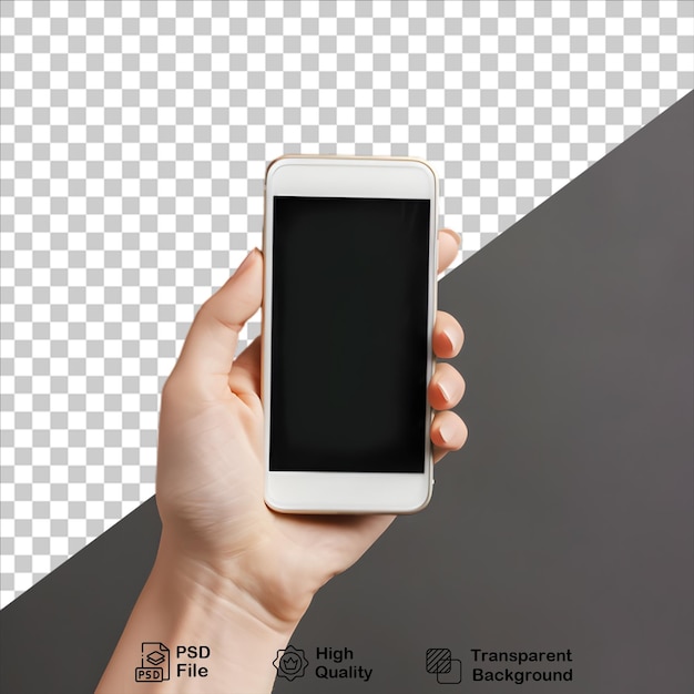 PSD hand with smartphone mobile mockup isolated on transparent background