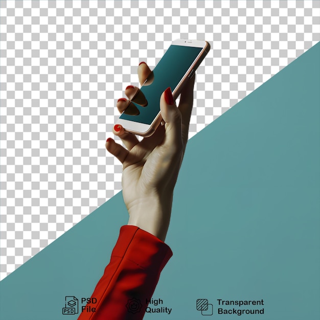 PSD hand with smartphone mobile mockup isolated on transparent background