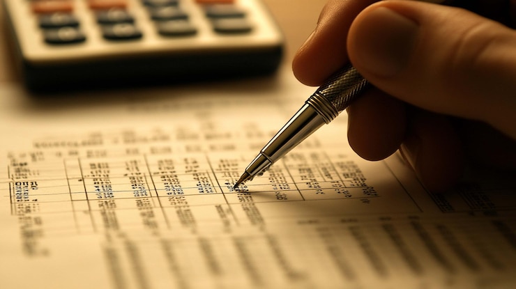 PSD hand writing on financial document with calculator in the background