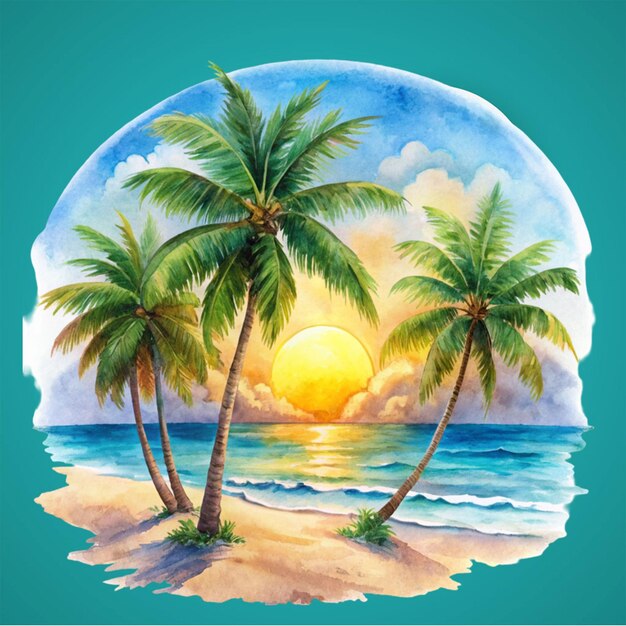 PSD handdrawn background with sea and palm trees