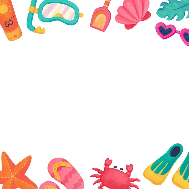 Handdrawn frame of a summer beach day with sea animals sand toys and diving gear
