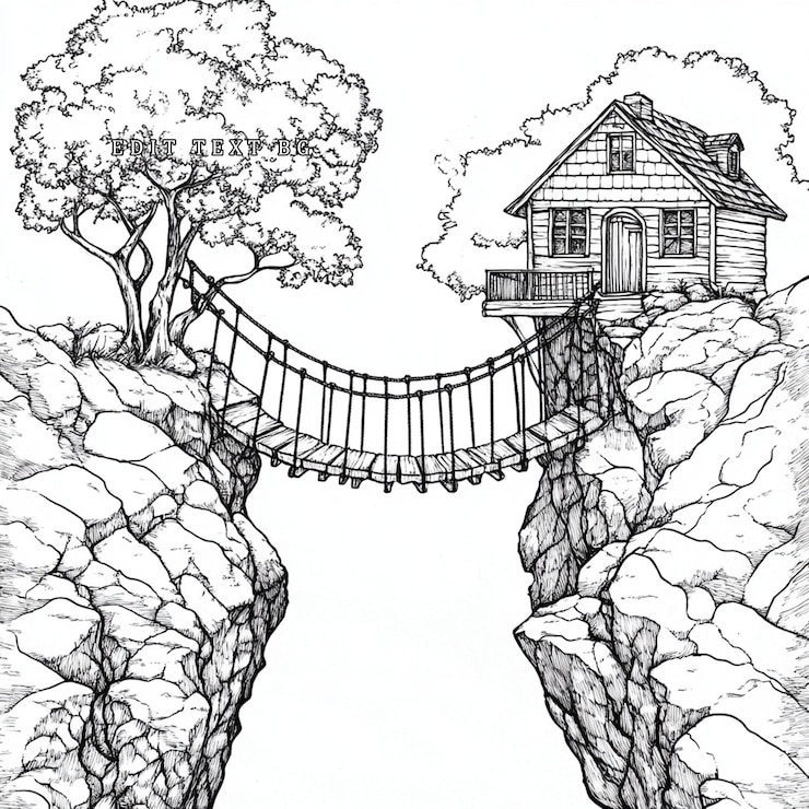 PSD handdrawn illustration of a rustic cabin on a cliff connected by a rope bridge