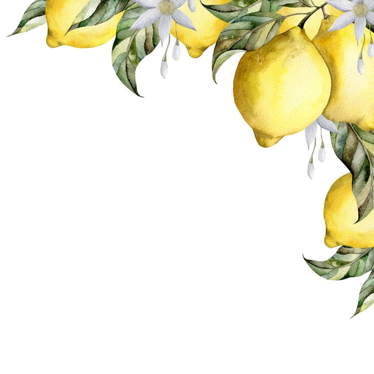 PSD handdrawn watercolor illustration with lemon on a branch with leaves