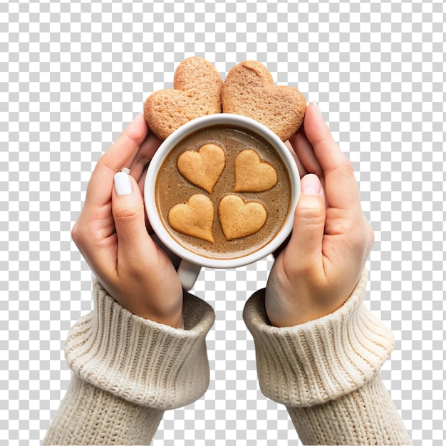 PSD handen met een kop warme chocolade met hartvormige koekjes op een doorzichtige achtergrond