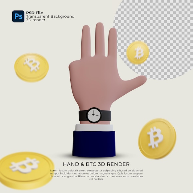 Handgebaar illustratie en bitcoin 3d-rendering