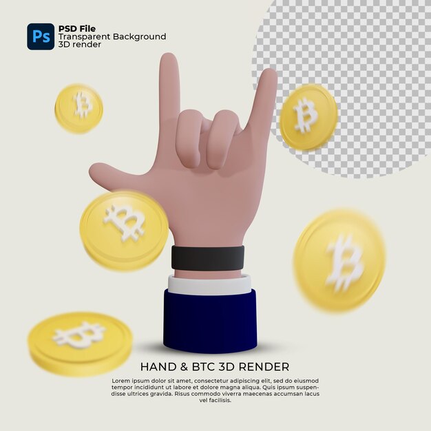 handgebaar illustratie en bitcoin 3D-rendering