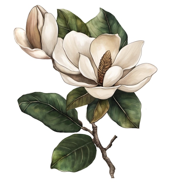 PSD handgetekende magnolia plant verlaat bloemen vintage
