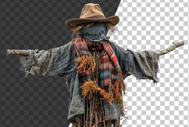 PSD handmade scarecrow guarding the autumn harvest field on transparent background stock png