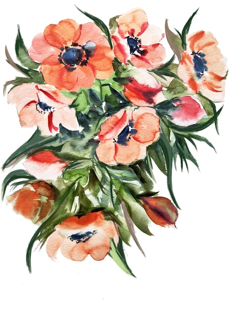 PSD handpainted watercolor anemone foilage