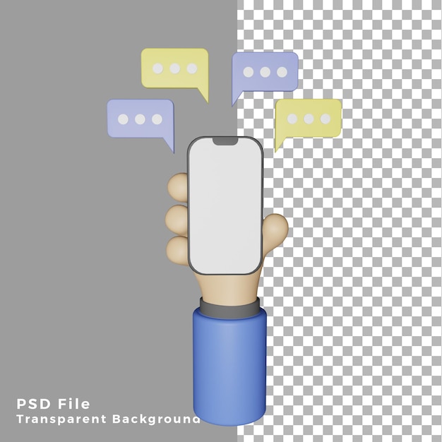 PSD handphone con molte illustrazioni 3d di gesti di notifica chat