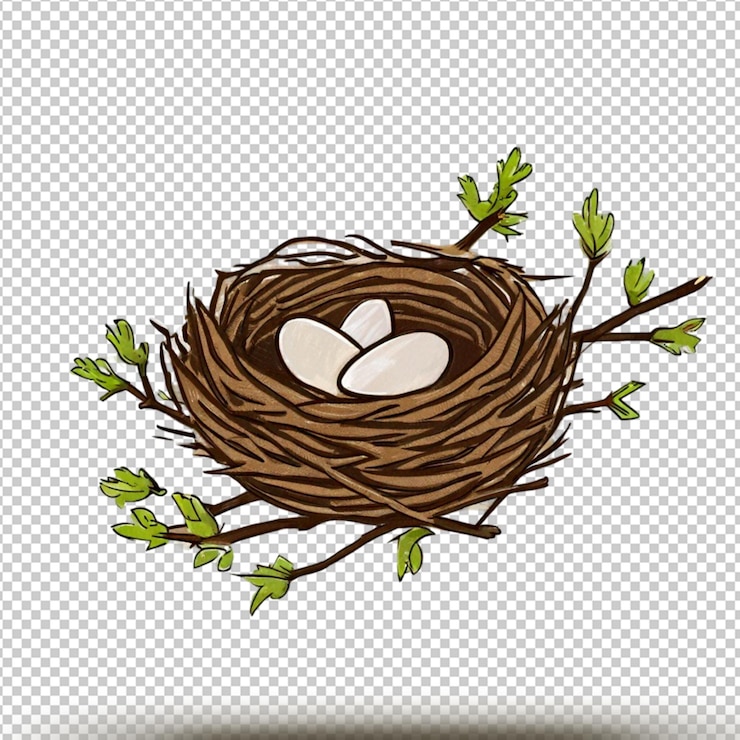 PSD handrawn bird nest on brid isolated on transparent background