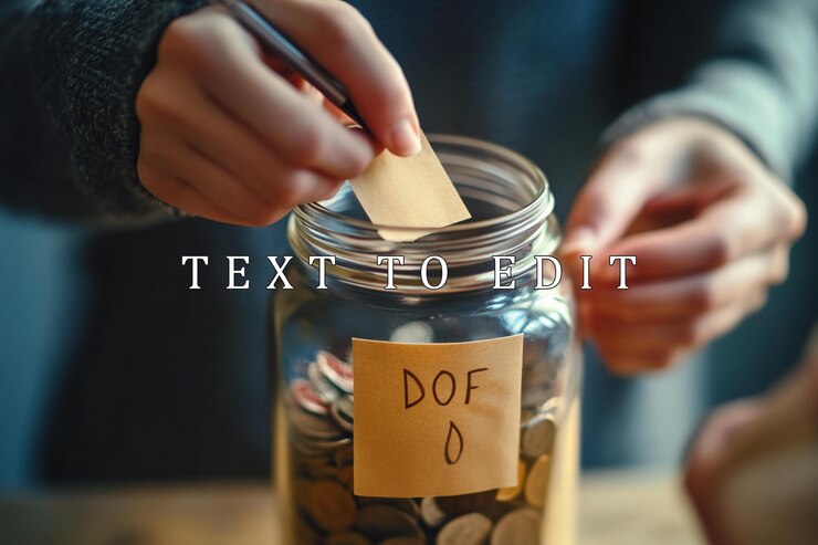 PSD hands adding a note to a glass jar filled with coins for saving
