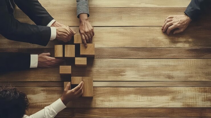 PSD hands assembling wooden blocks on a table