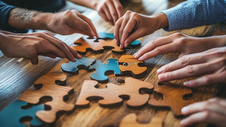 PSD hands assembling a wooden jigsaw puzzle on a table