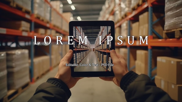 PSD hands of engineer using a tablet in a logistics center