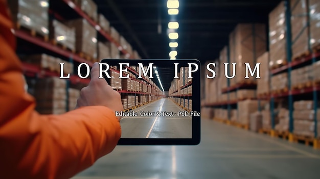 PSD hands of engineer using a tablet in a logistics center