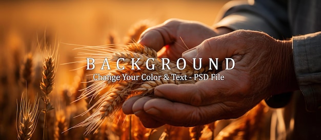 PSD the hands of a farmer close up pour a handful of wheat grains in a wheat field