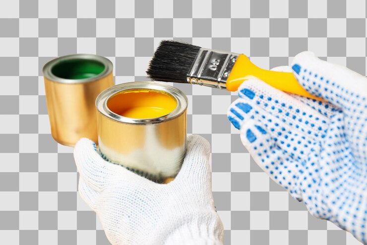 PSD hands in gloves hold paint cans and brush isolated on white png