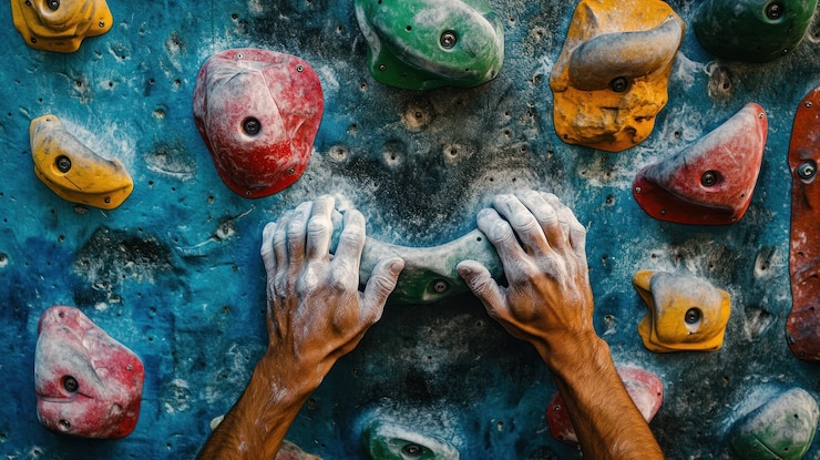 PSD hands gripping a climbing wall for bouldering