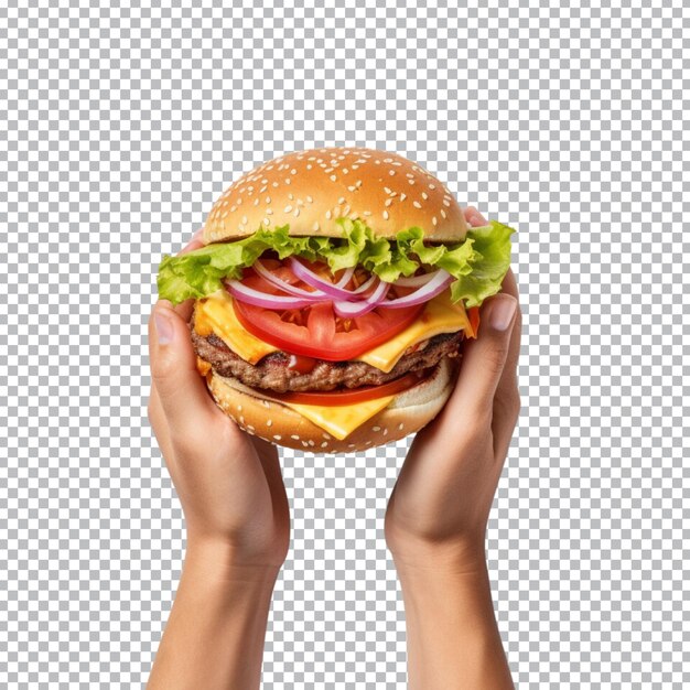 PSD 手は、透明な背景に分離されたハンバーガーを保持します。